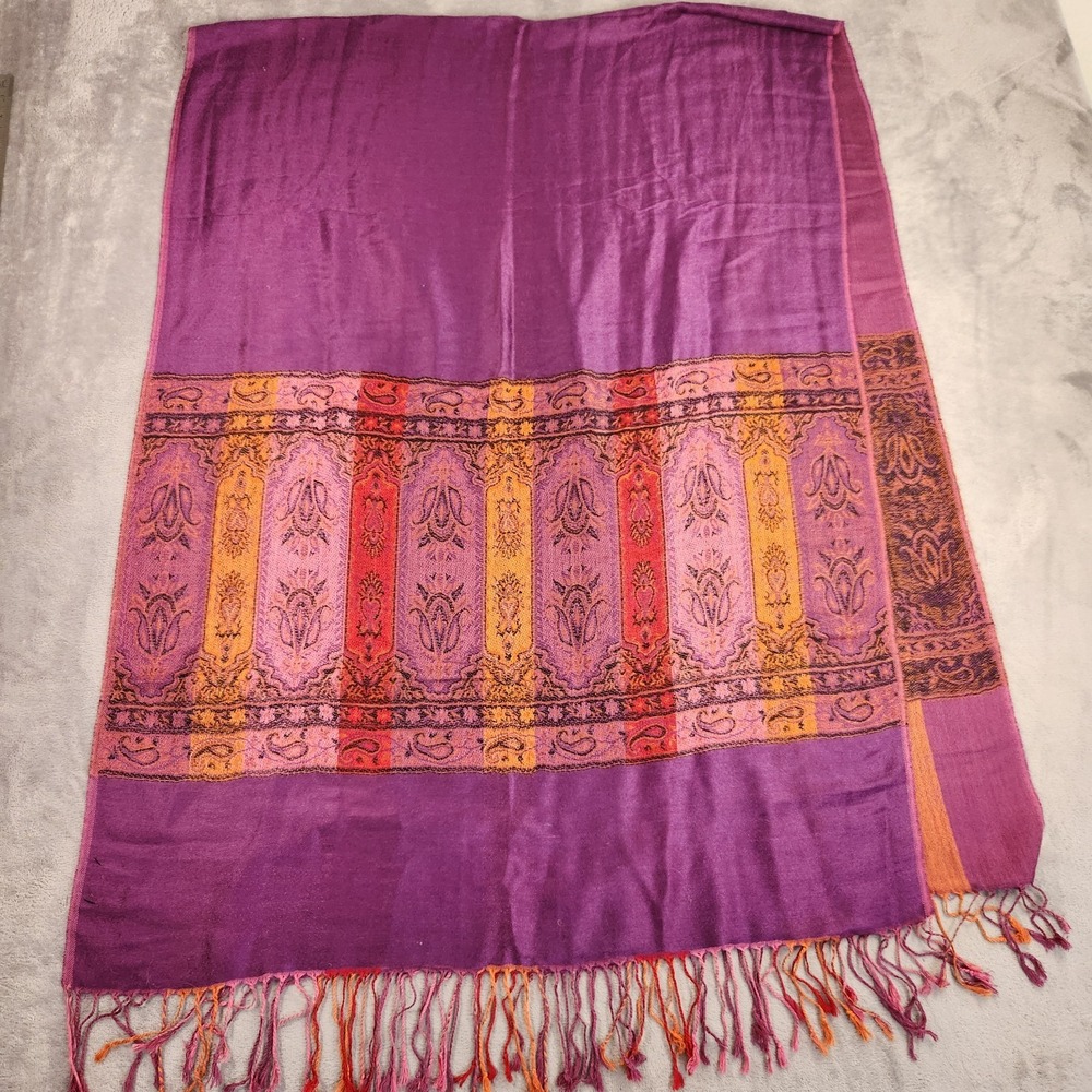 Boho Paisley Scarf Purple Magenta Orange Gold Fringe Long Viscose Shawl Wrap